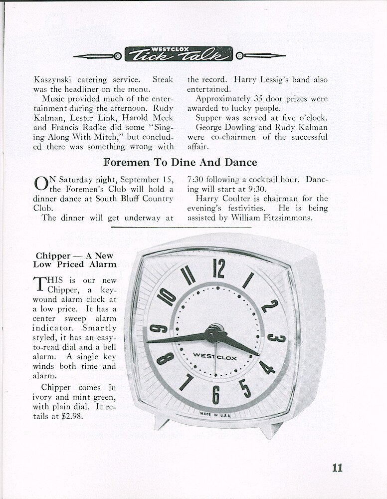 Westclox Tick Talk August 1962 > 11. New Model: "Chipper, A New Low-priced Alarm" Ivory Or Mint Green, With Plain Dial. $2.98.