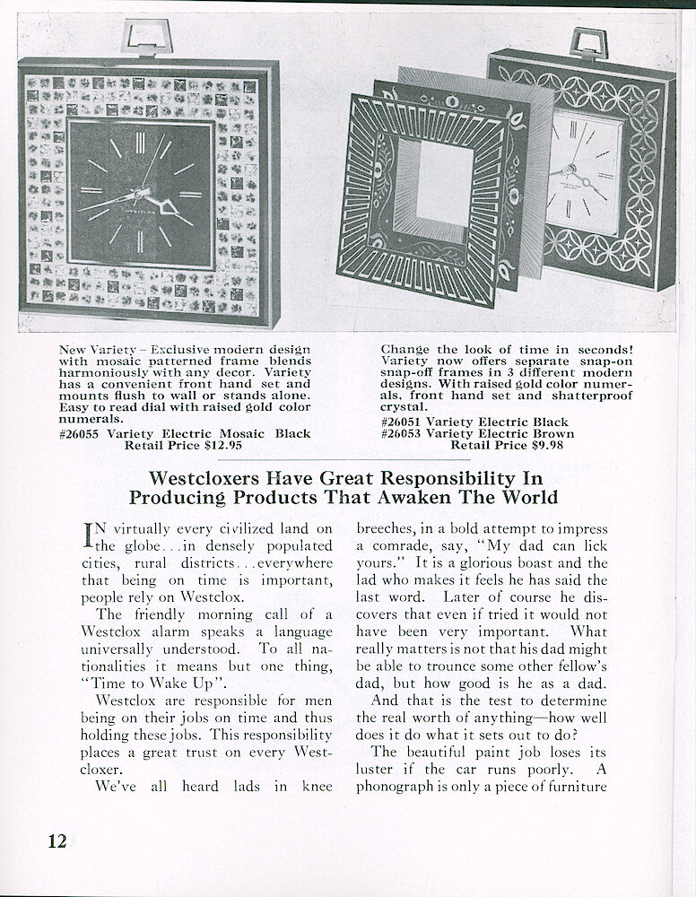 Westclox Tick Talk August 1962 > 12. New Models: Variety Electric Wall Clock In Three Colors. Rectangular Design With Changeable Front Panel. MARKETING: "Westcloxers Have Great Responsibility In Producing Products That Awaken The World"