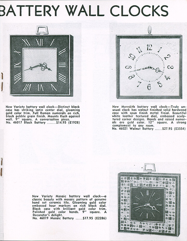 Westclox Tick Talk August 1962 > 15. New Models: New Transistorized Battery Wall Clocks. Variety, Meredith, Variety Mosaic.