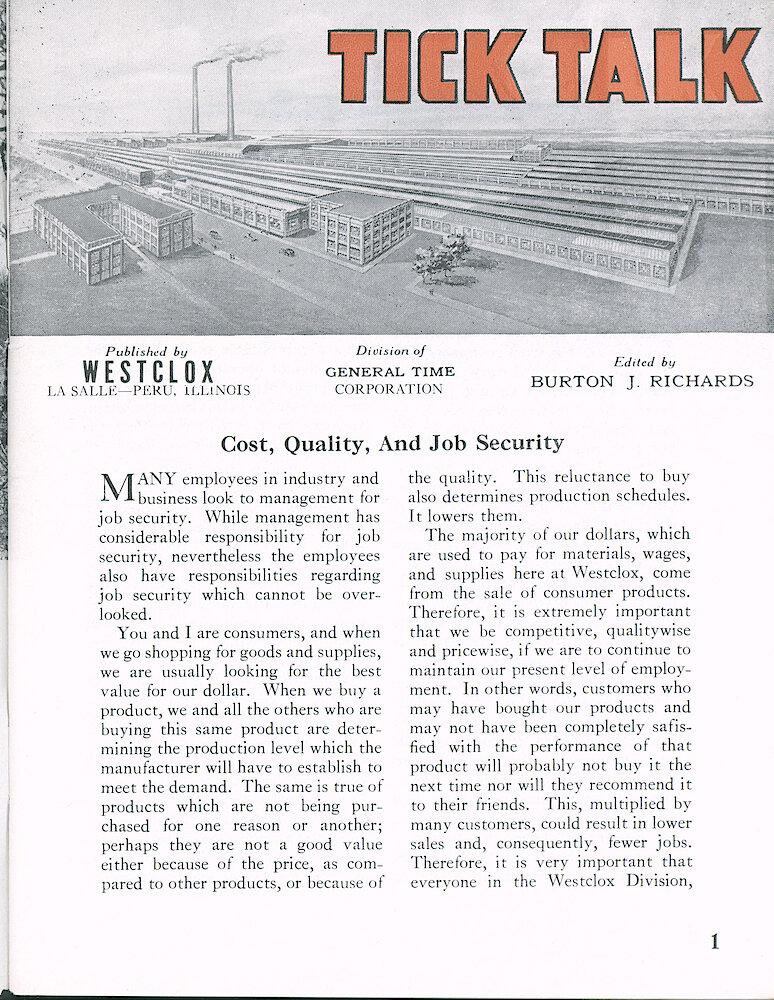 Westclox Tick Talk October 1962 > 1. Marketing: "Cost, Quality And Job Security"