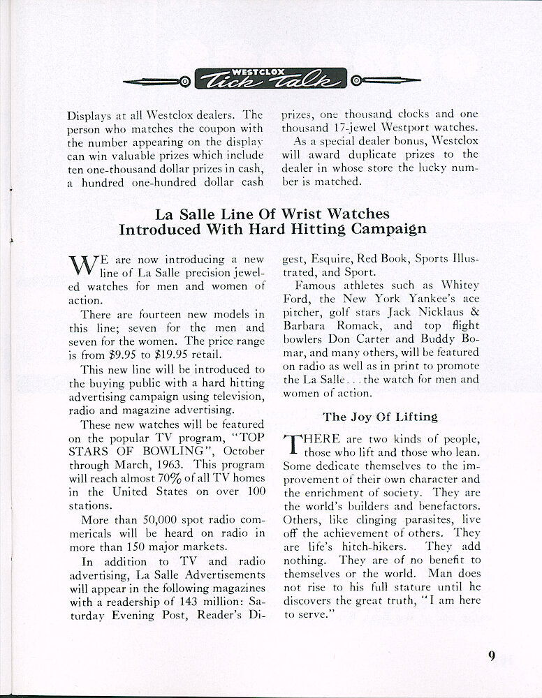 Westclox Tick Talk October 1962 > 9. Marketing: "Cost, Quality And Job Security" NEW MODELS: LaSalle Precision Jeweled Line Of Wrist Watches. Fourteen New Models - 7 For Men And 7 For Women. Price Range From $9.95 To $19.95.