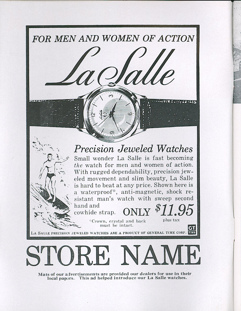 Westclox Tick Talk November 1962. Advertisement: LaSalle Precision Jeweled Watches. Shows A Man&039;s Waterproof, Anti-magnetic, Shock Resistant Watch With Leather Strap For $11.95. This Ad Is Provided For Dealers To Use In Their Local Paper.