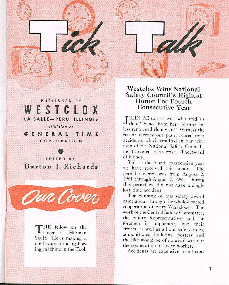 Westclox Tick Talk February 1963 > 1. Cover Caption: "The Fellow On The Cover Is Herman Sault. He Is Making A Die Layout On A Jig Boring Machine In The Tool."