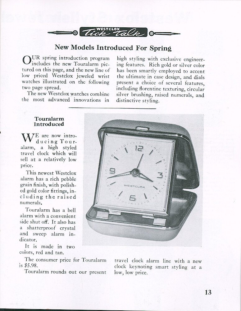 Westclox Tick Talk February 1963 > 13. New Model: Touralarm. Square Folding Travel Clock In Red Or Tan.