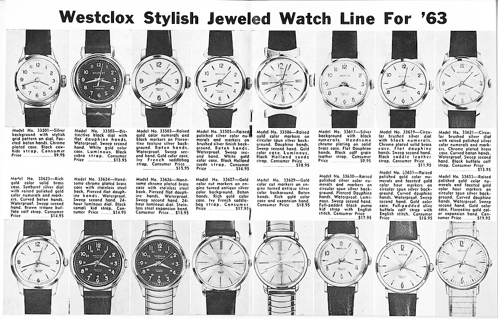 Westclox Tick Talk February 1963 > 14-15. New Models: 16 New Precision Jeweled Man&039;s Wrist Watches.