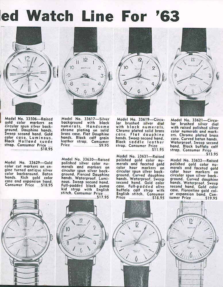 Westclox Tick Talk February 1963 > 15. New Models: 8 Of The New Precision Jeweled Man&039;s Wrist Watches.