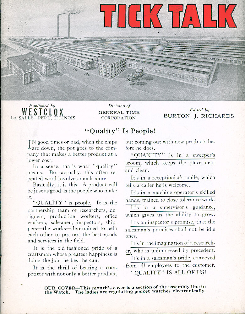 Westclox Tick Talk April 1963 > 1. Cover Caption: "This Month&039;s Cover Is A Section Of The Assembly Line In The Watch. The Ladies Are Regulating Pocket Watches Electronically."