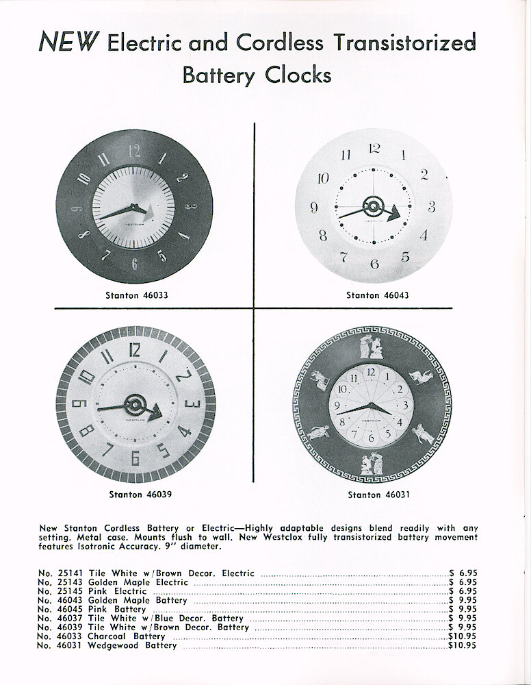 Westclox Tick Talk May 1963 > 4. New Models: Electric And Cordless Transistorized Battery Wall Clocks. "Stanton" In 9 Models.