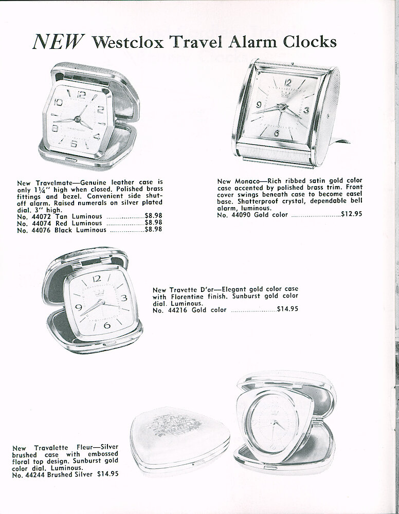 Westclox Tick Talk May 1963 > 6. New Models: Westclox Travel Clocks - Travelmate, Monaco, Travette D&039;or.