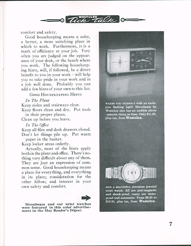 Westclox Tick Talk June 1963 > 7. Advertisement: Shows Moonbeam And A Precision Jeweled Man&039;s Wrist Watch. This Ad Appeared In Color In May Reader&039;s Digest.