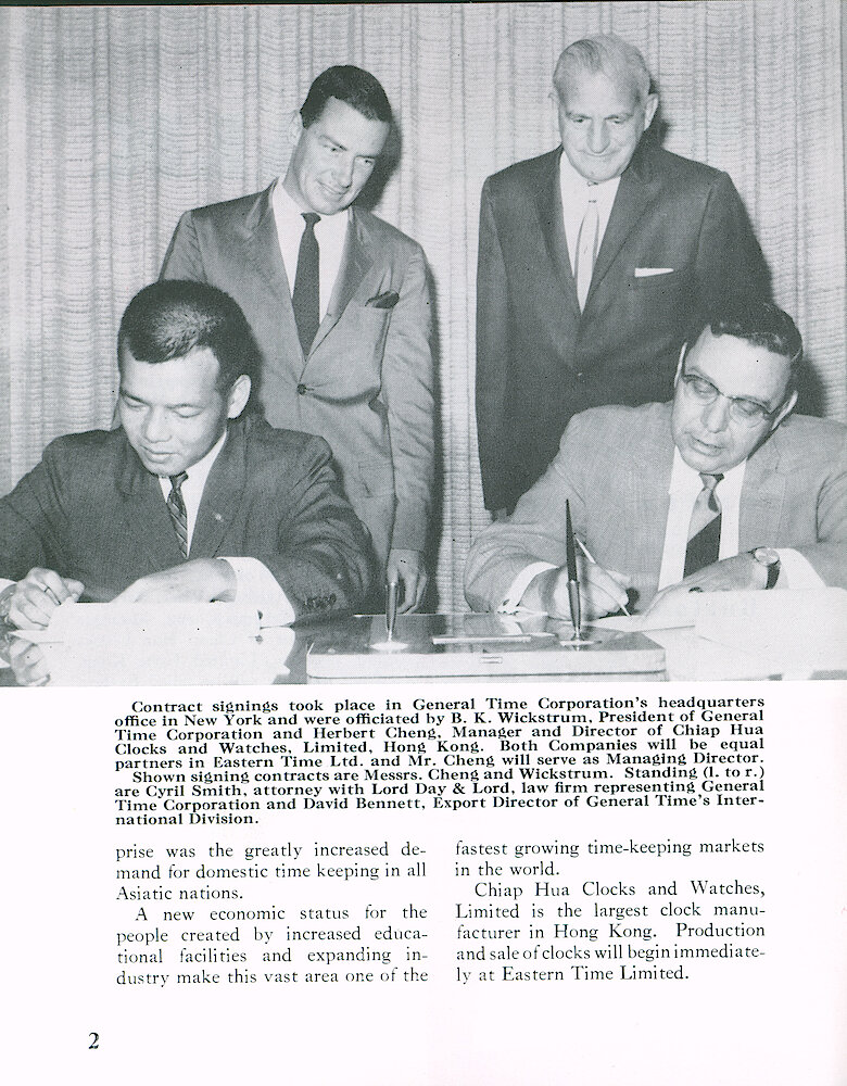 Westclox Tick Talk August 1963 > 2. Corporate: "Eastern Time Ltd. Formed By General Time Corporation And Chiap Hua Ltd. To Manufacture Clocks In Hong Kong" Chiap Hua Clocks And Watches, Limited Is The Largest Clock Manufacturer In Hong Kong.