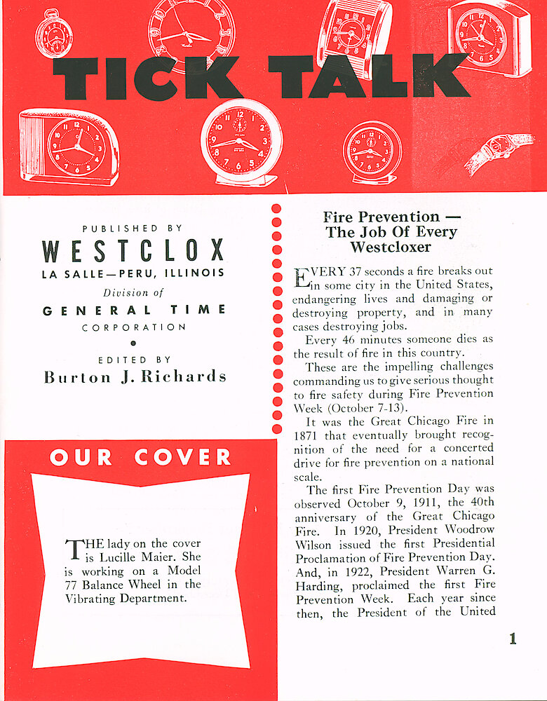 Westclox Tick Talk September 1963 > 1. Cover Caption: "The Lady On The Cover Is Lucille Maier. She Is Working On A Model 77 Balance Wheel In The Vibrating Department."