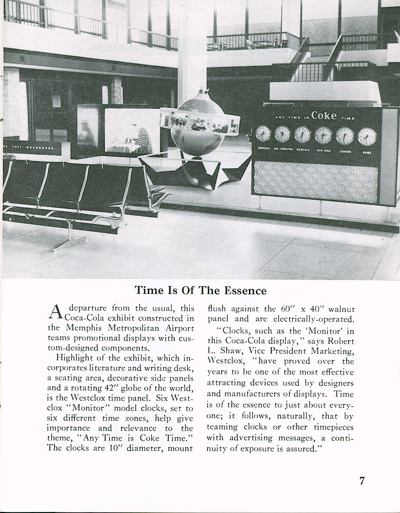 Westclox Tick Talk October 1963 > 7. Marketing: A Coca Cola Advertising Clock With Six Monitor Electric Clocks.