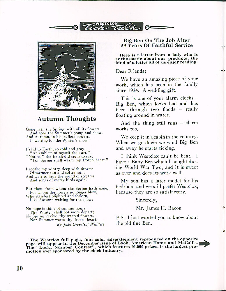 Westclox Tick Talk October 1963 > 10. Advertisement Caption: "The Westclox Full Page, Four Color Advertisement Reproduced On The Opposite Page Will Appear In The December Issue Of Look, American Home And McCall&039;s. The "Lucky Number Contest", Which Will Feature 10,000 Prizes, Is The Largest Promotion Ever Sponsored By The Clock Industry."