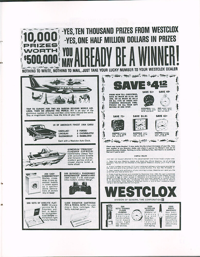 Westclox Tick Talk October 1963 > 11. Advertisement: Ad For The Westclox Lucky Number Contest Showing The Prizes To Be Awarded. Special Prices On General Alarm Clock, Dax Pocket Watch, Drowse Luminous Electric Alarm Clock, Glendale Electric Wall Clock And Drowse Plain Dial Electric Alarm Clock. Note: As Of This Writing (October 2022) This General Is A Style ... 