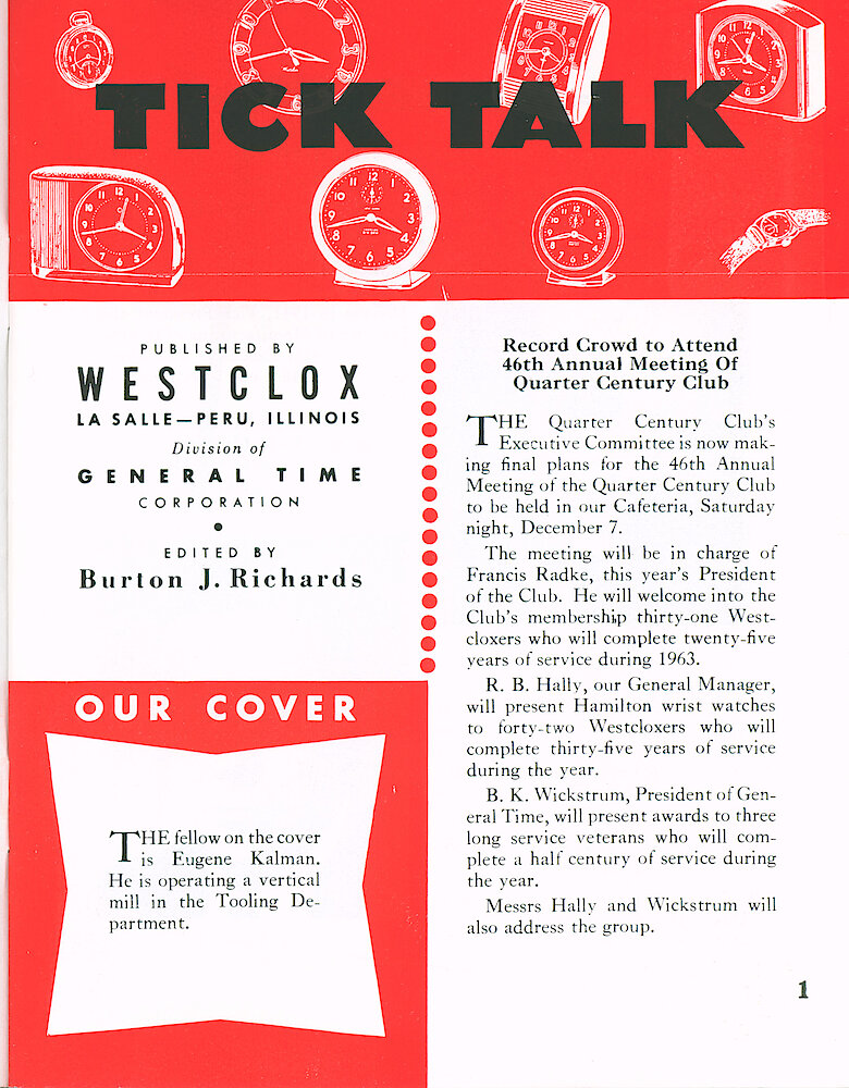 Westclox Tick Talk November 1963 > 1. Cover Caption:  "The Fellow On The Cover Is Eugene Kalman. He Is Operating A Mill In The Tooling Department."