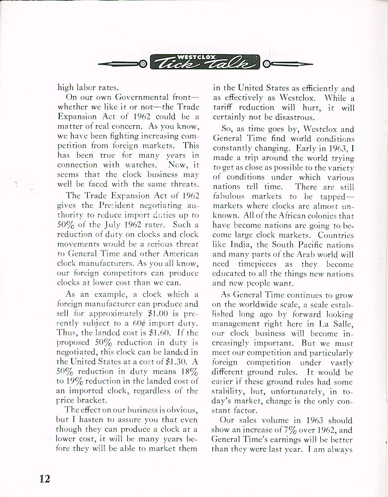 Westclox Tick Talk December 1963 > 12. Manufacturing: Marketing: "Following Is B. K. Wickstrum&039;s Talk To The Quarter Century Club" Competition And World Conditions.