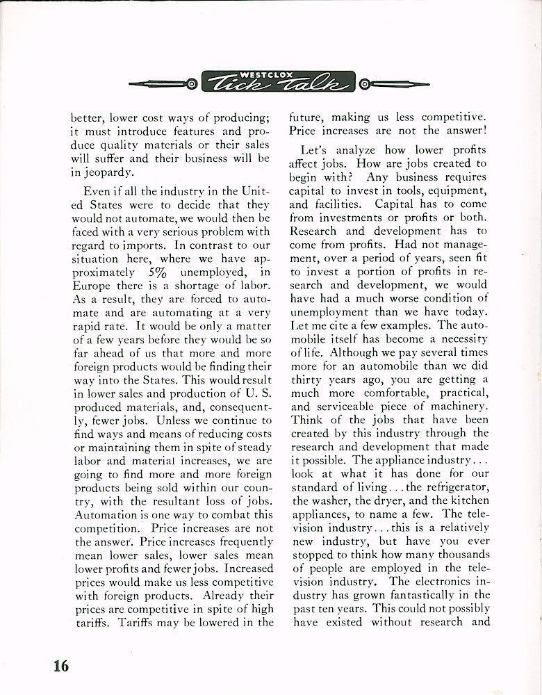 Westclox Tick Talk December 1963 > 16. Manufacturing: Marketing: "Following Is R. B. Hally&039;s Talk To The Quarter Century Club" Automation, Profits.