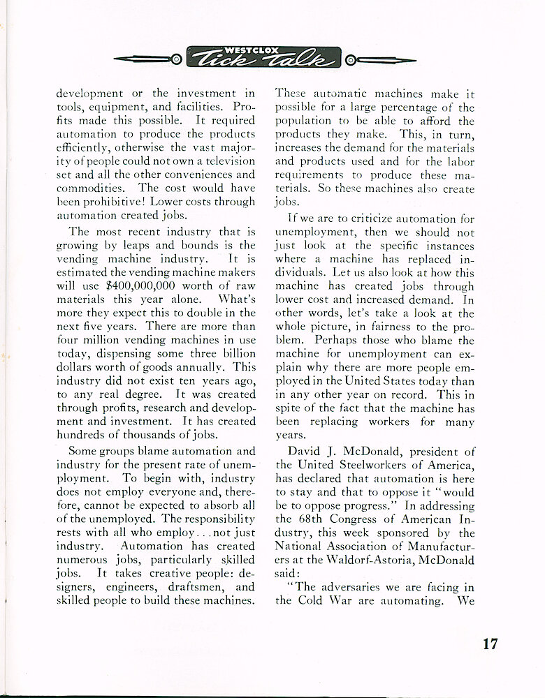 Westclox Tick Talk December 1963 > 17. Manufacturing: Marketing: "Following Is R. B. Hally&039;s Talk To The Quarter Century Club" Automation.