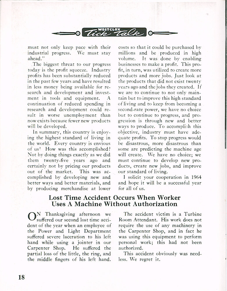 Westclox Tick Talk December 1963 > 18. Manufacturing: Marketing: "Following Is R. B. Hally&039;s Talk To The Quarter Century Club" Profit Squeeze.