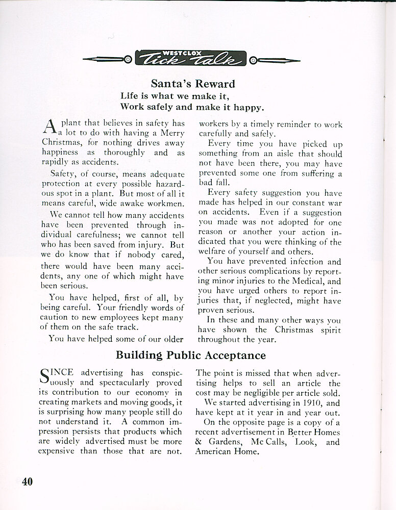 Westclox Tick Talk December 1963 > 40. Marketing: Advertisement Caption: "Building Public Acceptance" Next Page - Recent Ad In Better Homes & Gardens, McCalls, Look, And American Home.