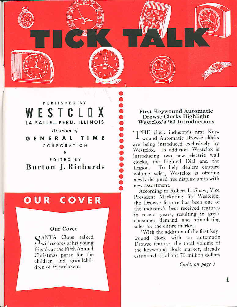 Westclox Tick Talk January 1964 > 1. New Models: "First Automatic Keywound Automatic Drowse Highlight Westclox &039;64 Introductions"