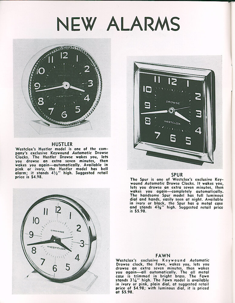 Westclox Tick Talk January 1964 > 2. New Models: Keywound Automatic Drowse Models Hustler (Style 4), Spur (Style 2a), And Fawn (Style 2).