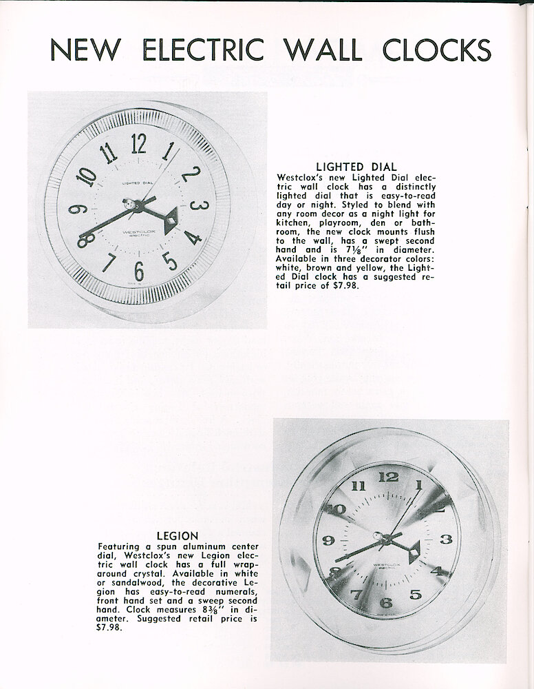 Westclox Tick Talk January 1964 > 4. New Models: Lighted Dial Electric Wall Clock And Legion Electric Wall Clock (spun Aluminum Dial And Wrap Around Crystal).