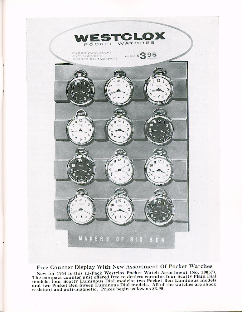 Westclox Tick Talk January 1964 > 5. Marketing: Counter Display Of Pocket Watches (Scotty Plain And Luminous, Pocket Ben Luminous And Pocket Ben Sweep Luminous).