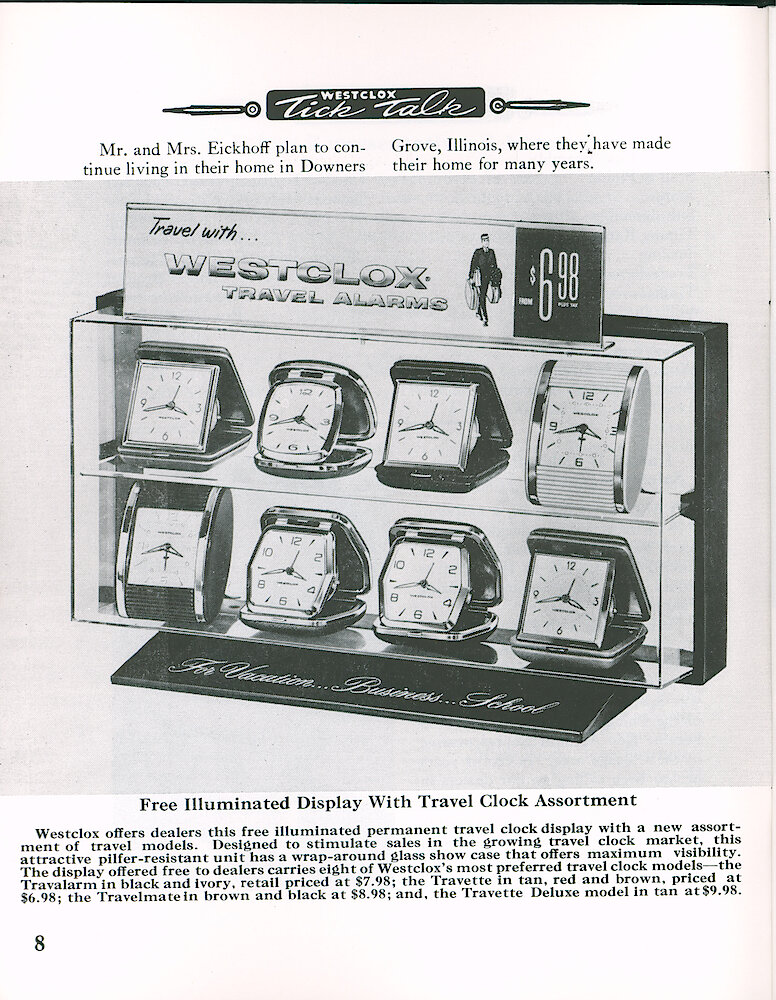 Westclox Tick Talk January 1964 > 8. Marketing: Counter Display Of Travel Alarm Clocks (Travalarm Black And Ivory; Travette Tan, Red And Brown; Travelmate Brown And Black; Travette Deluxe Tan).