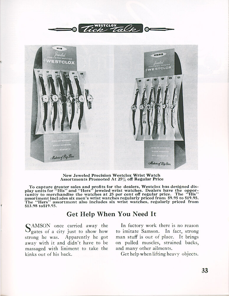 Westclox Tick Talk January 1964 > 33. Marketing: Two Counter Displays - Precision Jeweled Man&039;s Wrist Watches And Woman&039;s Wrist Watches.