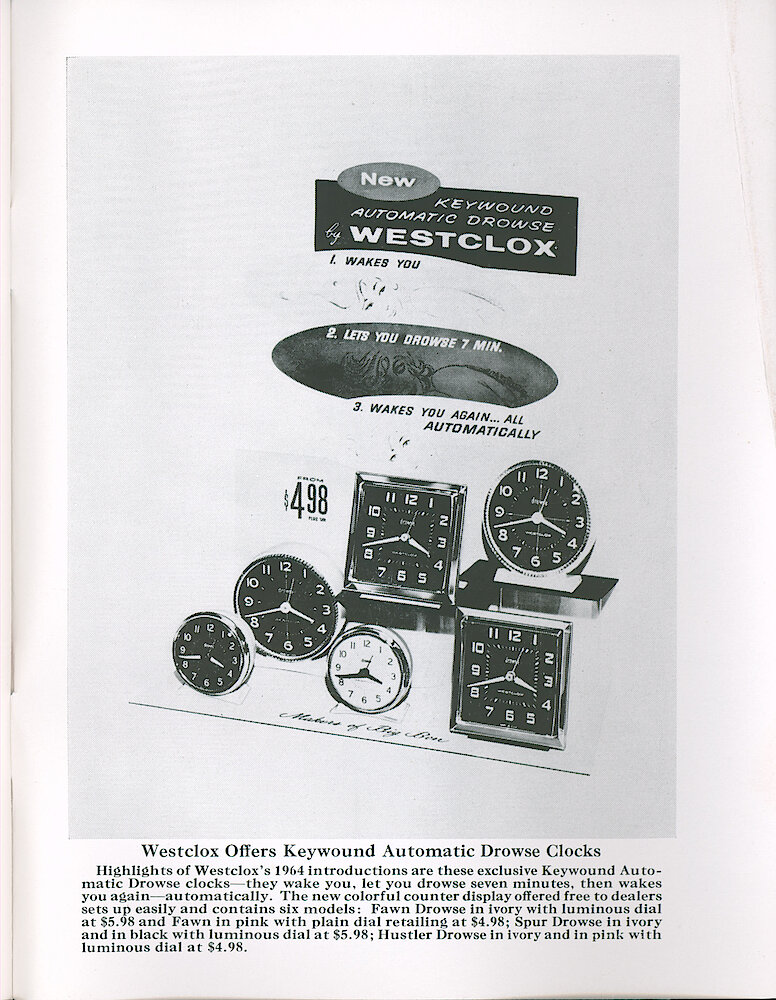 Westclox Tick Talk January 1964 > 45. Advertisement: Keywound Automatic Drowse Alarm Clocks - Fawn Drowse (Style 2), Spur Drowse (Style 2a), Hustler Drowse (Style 4).