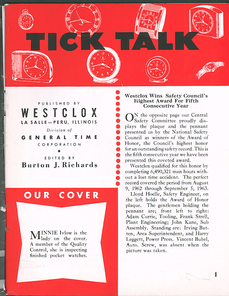 Westclox Tick Talk February 1964 > 1. Cover Caption:  "Minnie Ivlow Is The Lady On The Cover. A Member Of The Quality Control, She Is Inspecting Finished Pocket Watches."