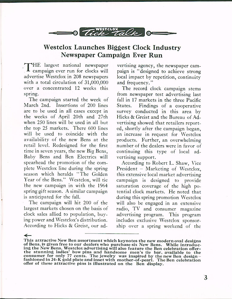 Westclox Tick Talk March 1964 > 3. Picture Caption: Caption For Picture On Page 2. MARKETING: "Westclox Launches Biggest Clock Industry Newspaper Campaign Run Ever" (for The Style 8 Bens).