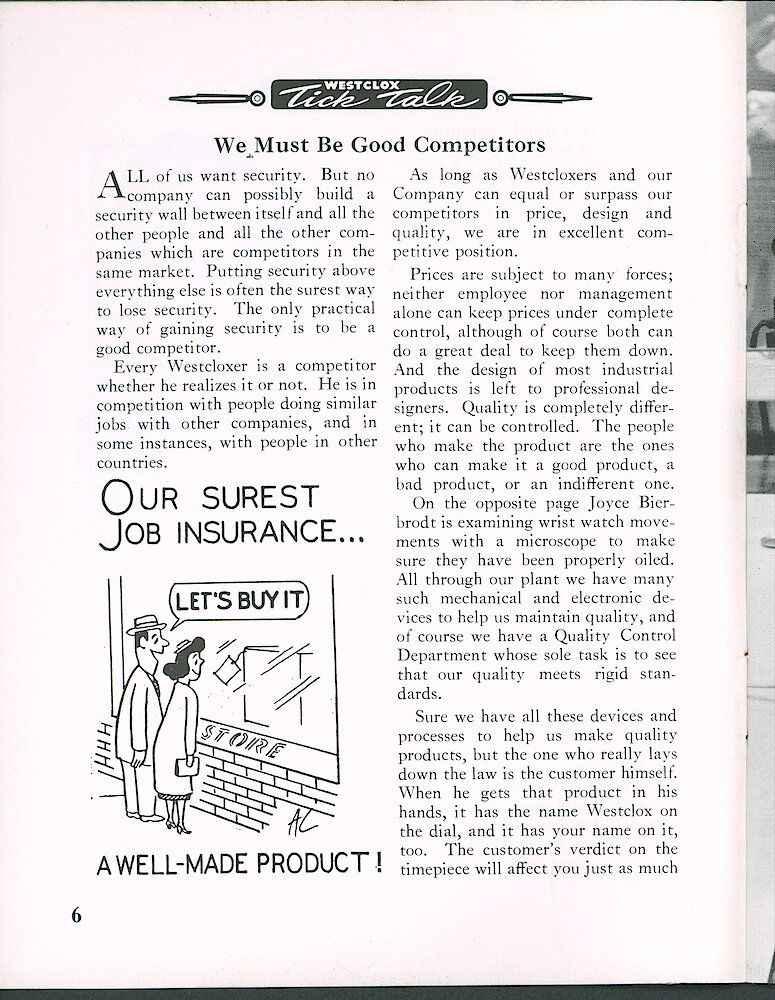 Westclox Tick Talk March 1964 > 6. Marketing: "We Must Be Good Competitors" Pricing And Quality. Photo Caption: For Page 7 "Joyce Bierbrodt Is Examining Wrist Watch Movements With A Microscope To Make Sure They Have Been Properly Oiled."