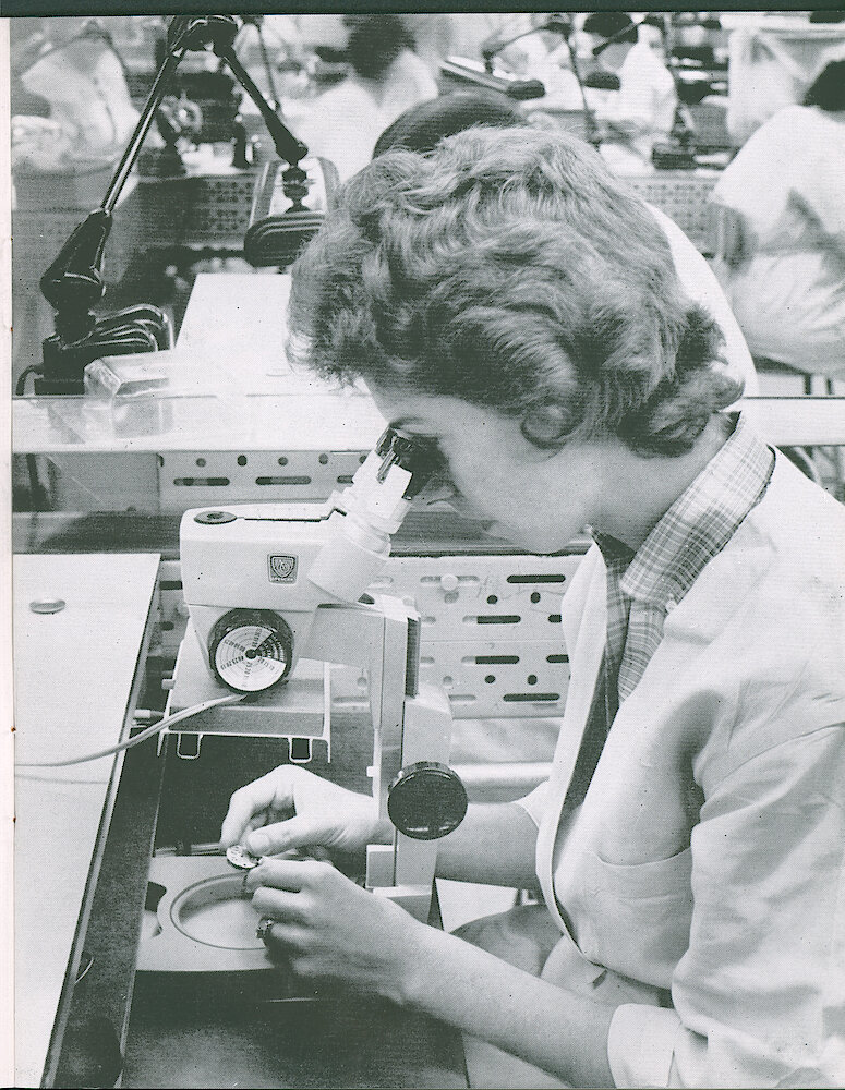 Westclox Tick Talk March 1964 > 7. Manufacturing: "Joyce Bierbrodt Is Examining Wrist Watch Movements With A Microscope To Make Sure They Have Been Properly Oiled." Caption Is Part Of Article On Page 6.