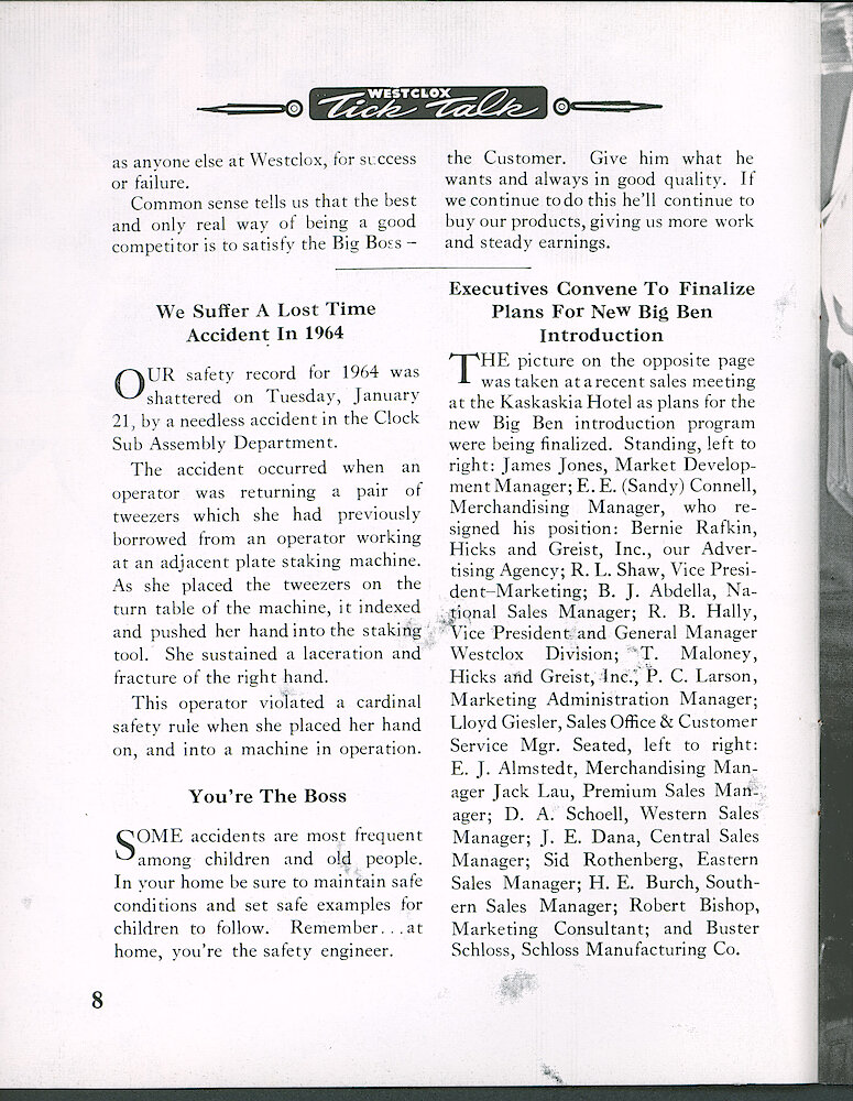 Westclox Tick Talk March 1964 > 8. Marketing: "We Must Be Good Competitors" MARKETING: "Executives Convene To Finalize Plans For New Big Ben Introduction" (caption For Picture On Page 9)