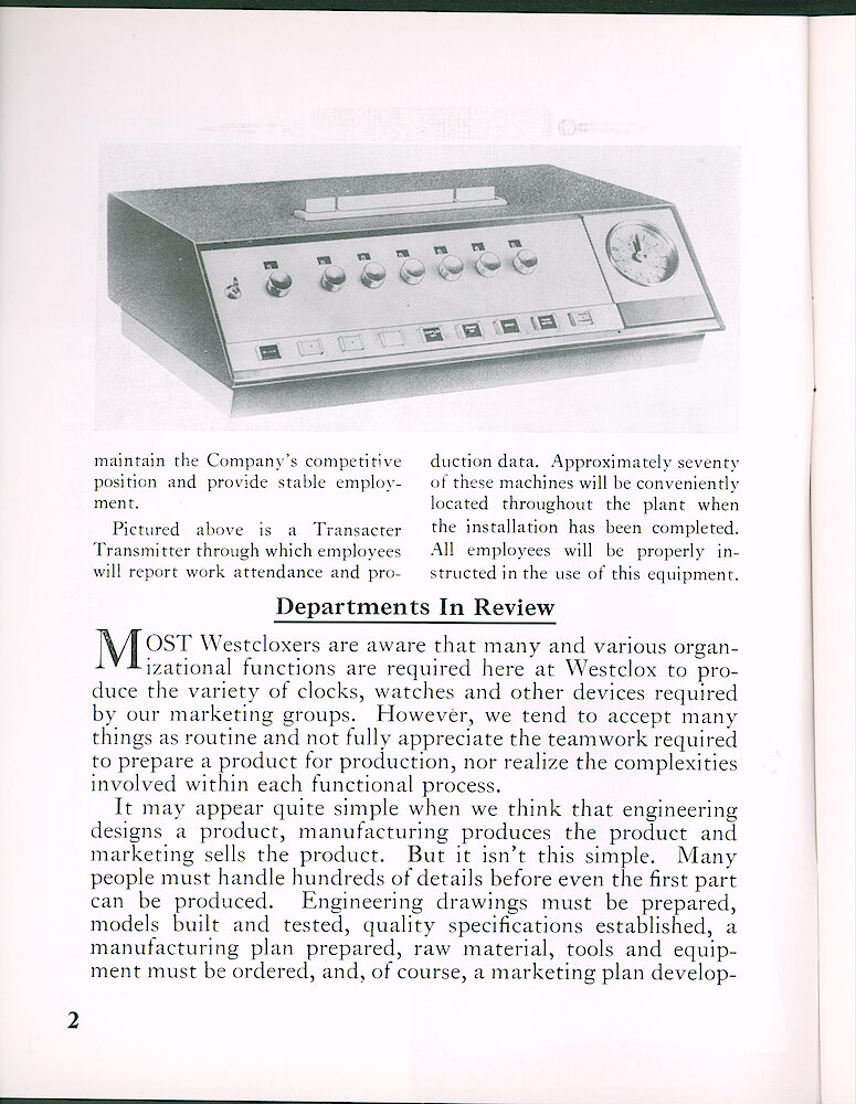 Westclox Tick Talk April 1964 > 2. Factory: "Transactor Installation Started". Picture Of Transactor. Approximately 70 Of These Machines Will Located Throughout The Plant When Installation Is Complete. FACTORY: "Departments In Review"