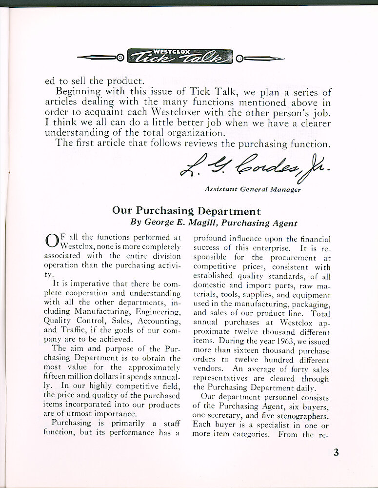 Westclox Tick Talk April 1964 > 3. Factory: "Departments In Review" FACTORY: "Our Purchasing Department"