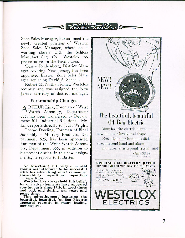 Westclox Tick Talk April 1964 > 7. Marketing: Advertisement: Ad For Beautiful, Beautiful &039;64 Ben Electric. Style 8 Ben.