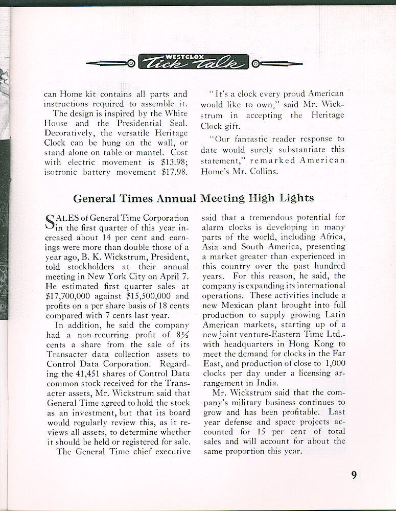 Westclox Tick Talk April 1964 > 9. New Product: "American Home Magazine Presents Heritage Clock To General Time"  CORPORATE: "General Time Annual Meeting Highlights"