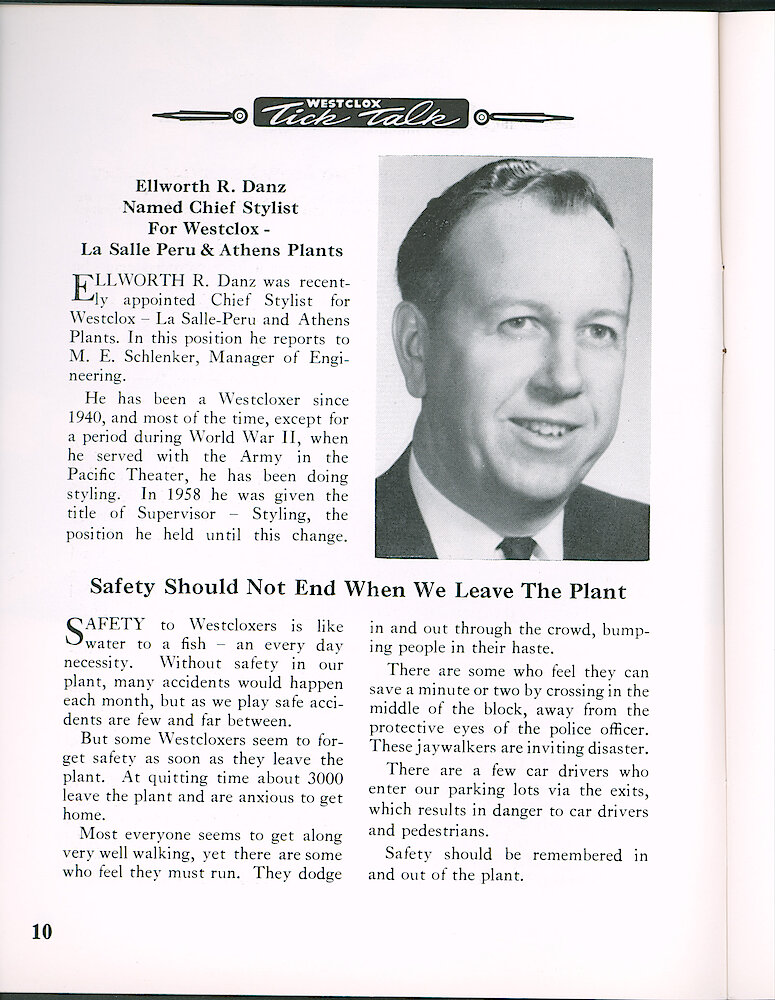 Westclox Tick Talk April 1964 > 10. Personnel: "Ellworth R. Danz Named Chief Stylist For Westclox - LaSalle Peru And Athens Plants"