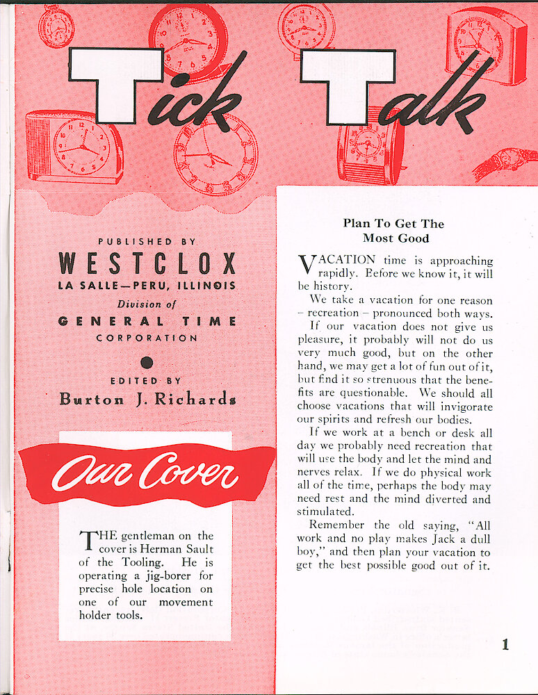 Westclox Tick Talk May 1964 > 1. Cover Caption: "The Gentleman On The Cover Is Herman Sault Of The Tooling. He Is Operating A Jig-borer For Precise Hole Location On One Of Our Movement Holder Tools."