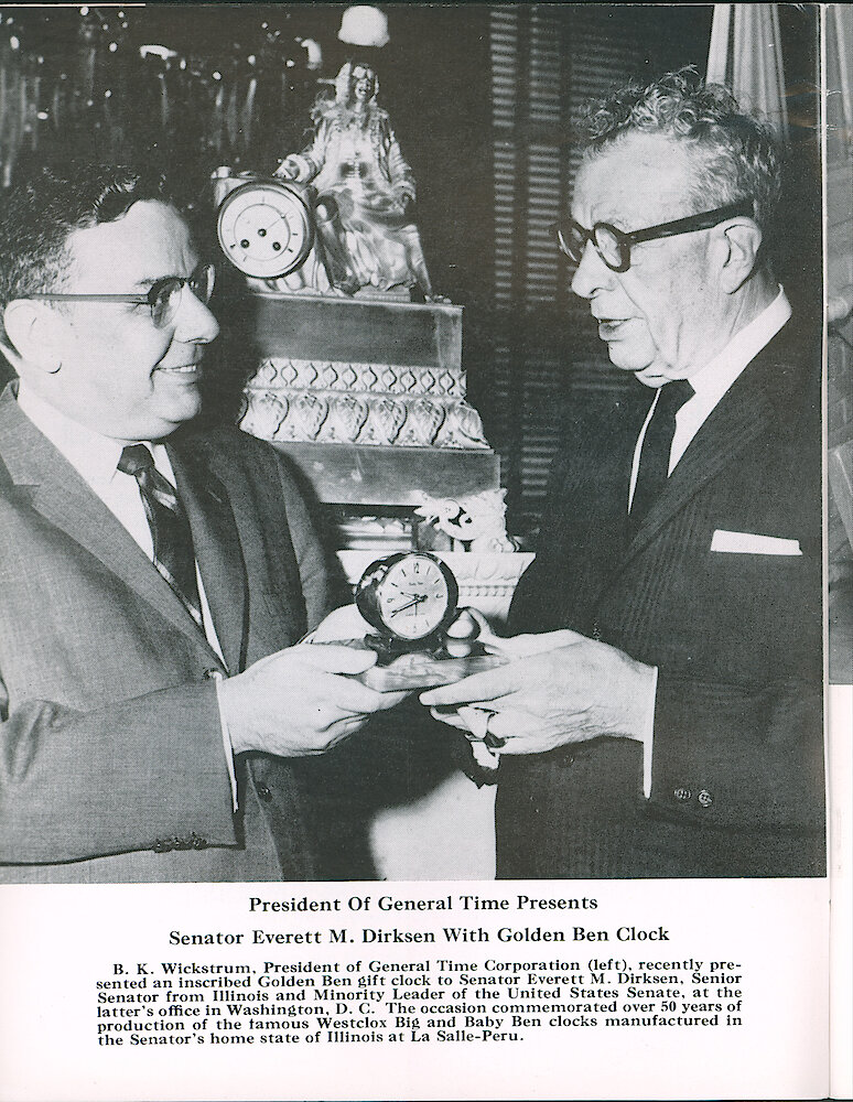 Westclox Tick Talk May 1964 > 2. Marketing: "President Of General Time Presents Senator Everett M. Dirkson With Golden Ben Clock"