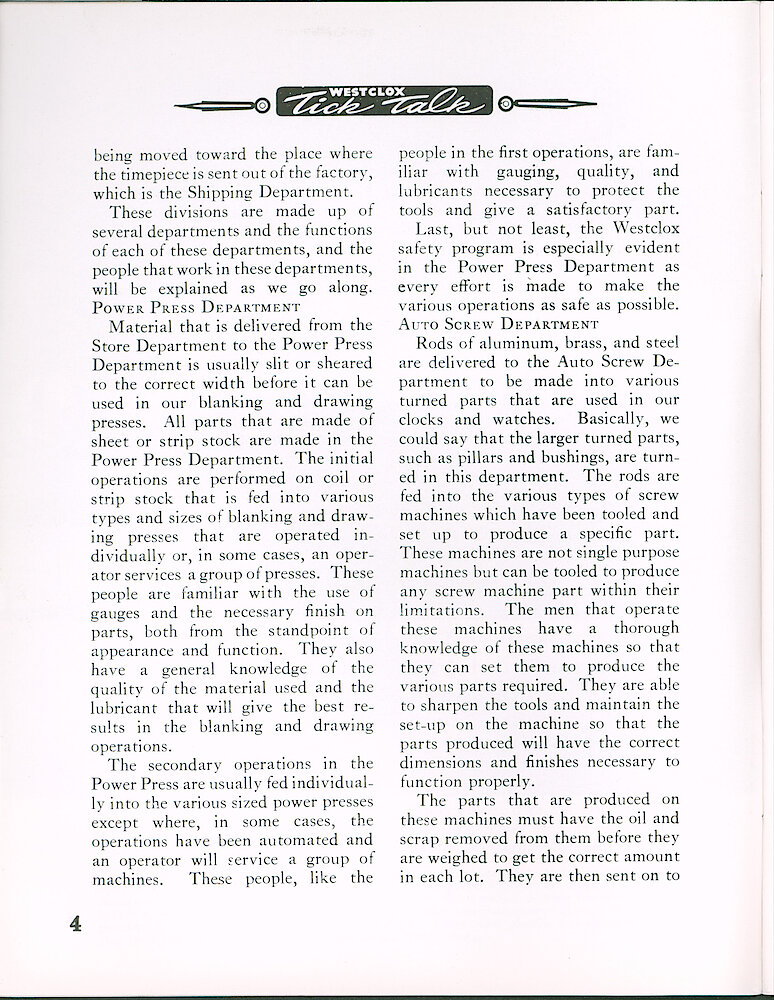 Westclox Tick Talk May 1964 > 4. Manufacturing: "Manufacturing Departments In Review" Power Press Department; Auto Screw Department.