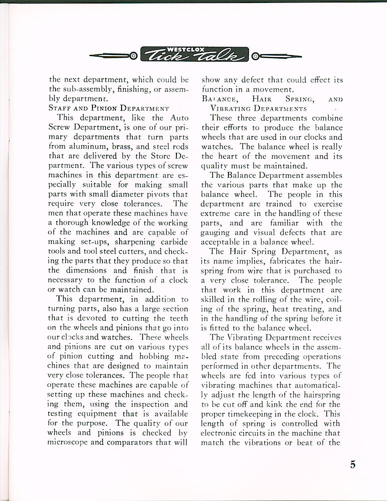 Westclox Tick Talk May 1964 > 5. Manufacturing: "Manufacturing Departments In Review" Staff And Pinion Department; Balance, Hairspring And Vibrating Departments.