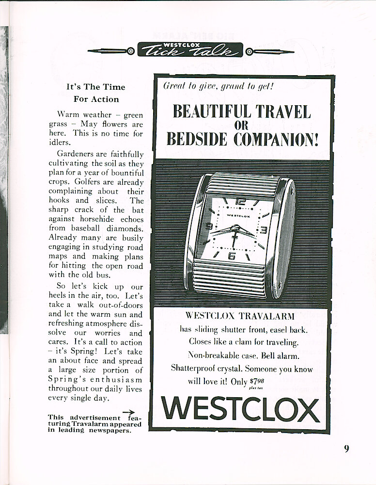 Westclox Tick Talk May 1964 > 9. Advertisement: Travalarm Newspaper Ad. Sliding Shutter Front; Easel Back.