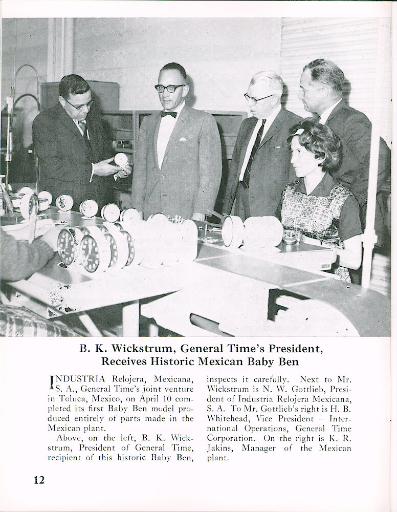 Westclox Tick Talk May 1964 > 12. Corporate: Mexican Westclox Plant&039;s First Baby Ben Produced Entirely Of Parts Made In The Mexican Plant In Toluca, Mexico.