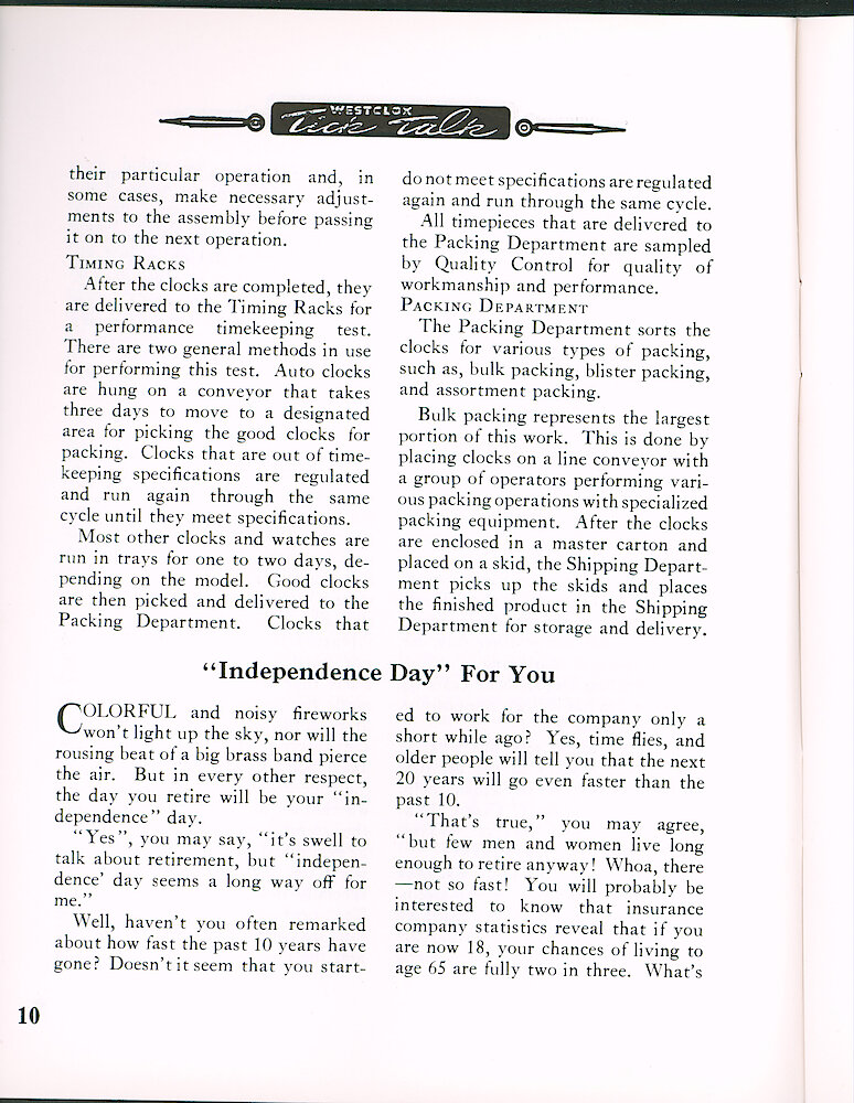 Westclox Tick Talk June 1964 > 10. Manufacturing: "Manufacturing Departments In Review" By Russ Culbertson, Manufacturing Superintendent. Timing Racks; Packing Department.