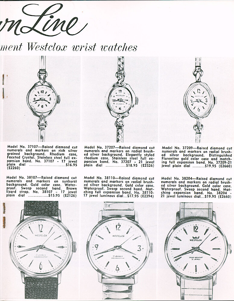 Westclox Tick Talk June 1964 > 23. New Models: "The New Crown Line - 17 And 21 Jewel Movement Westclox Wrist Watches" Models 37107, 37207, 37209, 38107, 38110, 38204 Man&039;s And Ladies Wrist Watches.